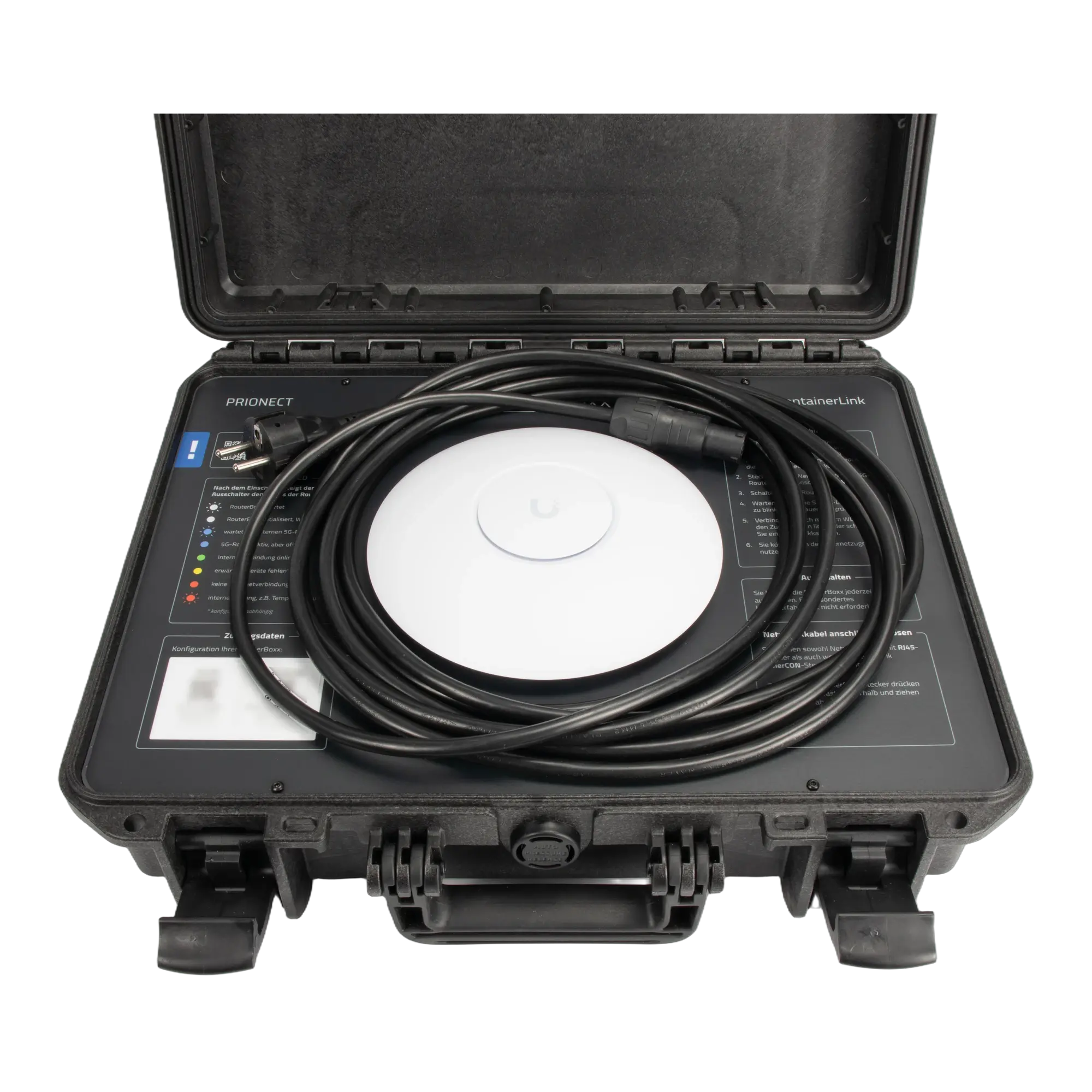 Geöffnete RouterBoxx mit Access Point und Anschlusskabel